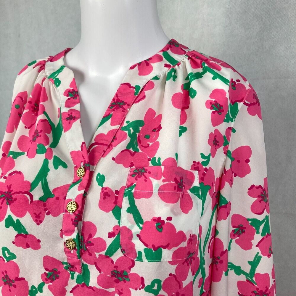 Lilly Pulitzer Shirt Women Sz XS White Pink Green Floral Gold Button Popover Top - Picture 2 of 9